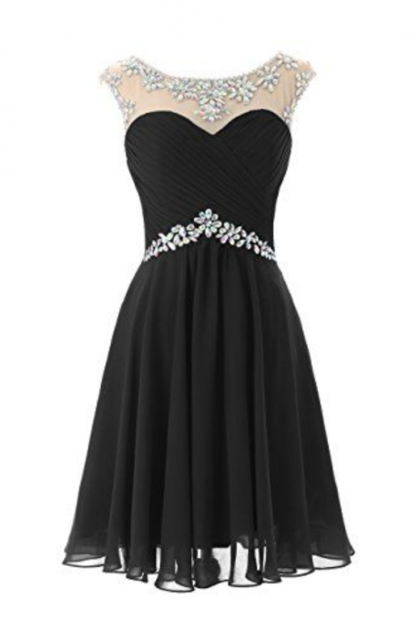 Little Black Beaded Short Chiffon Homecoming Dresses Black Prom Dresses, Round Neckline Formal Dresses