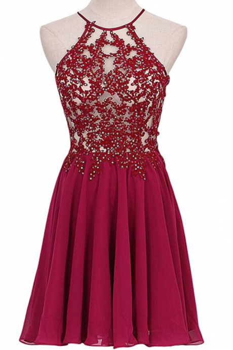 Lovely Short Wine Red Lace Applique And Chiffon Party Dresses, Burgundy Homecoming Dresses, Short Homecoming Dresses