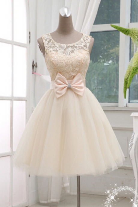 Gorgeous Champagne Lace Ball Gown Knee Lenth Prom Dress, Lace Prom Dress, Homecoming Dresses
