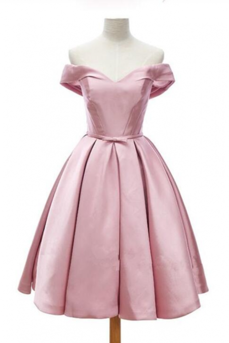 Cute Pink Satin Homecoming Dresses, Satin Short Prom Dresses, Knee Length Off Shoulder Sweet 16 Dresses