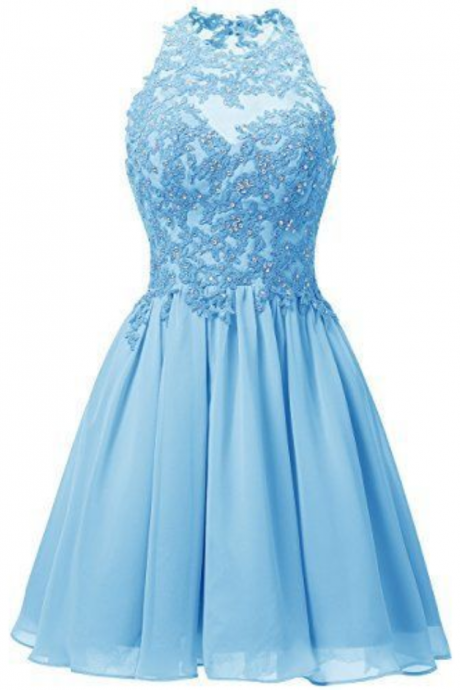 Cute Blue Short Homecoming Dresses, Chiffon Halter Party Dresses With Lace Applique, Sweet 16 Dresses