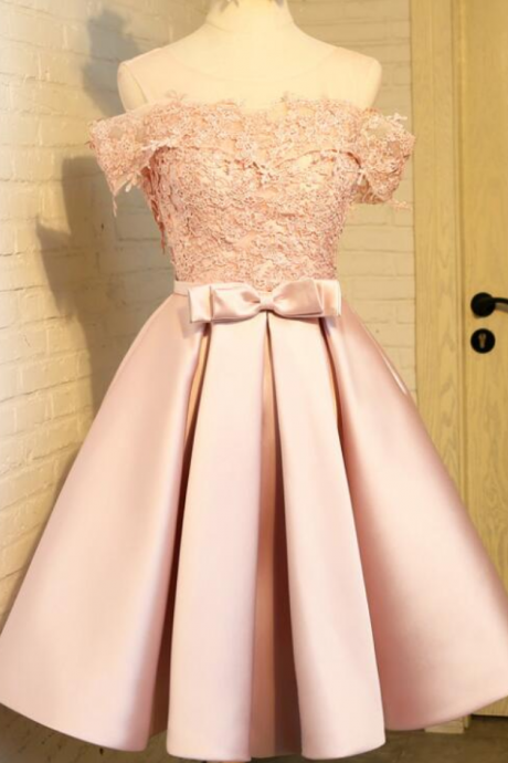 Lovely Light Pink Off Shoulder Satin And Lace Applique Homecoming Dresses, Homecoming Dresses 2017, Short Party Dresses