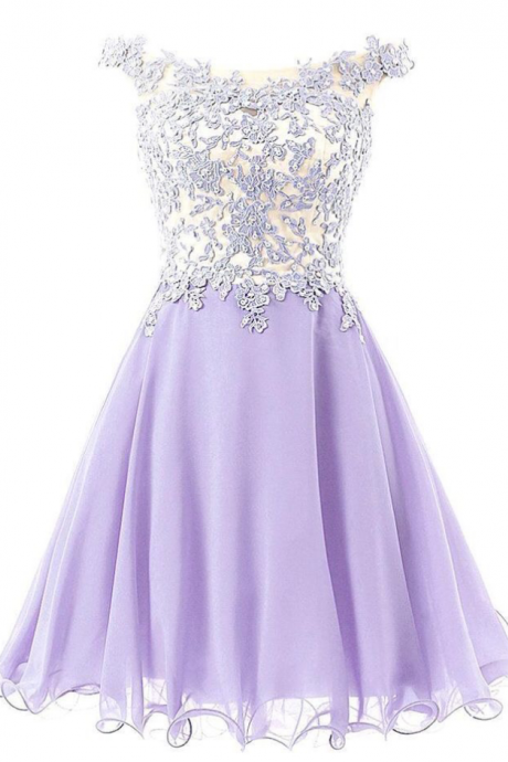 Lovely Lavender Short Chiffon And Lace Applique Graduation Dresses, Lavender Short Prom Dresses, Round Neckline Party Dress