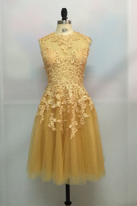 Unique Sexy Champange Lace Tulle Short Backless Prom Dress, Lace Prom Dresses Prom Homecoming Dress, Handmade Partyt Dresses