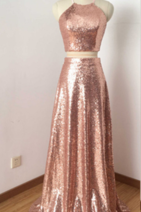 Sequins Two Piece Halter A-line Prom Dresses, Sparkle Formal Dresses, Two Piece Evening Gowns