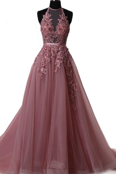 Charming Halter Lace Applique And Tulle Long Prom Dresses, Prom Dresses Formal Gowns