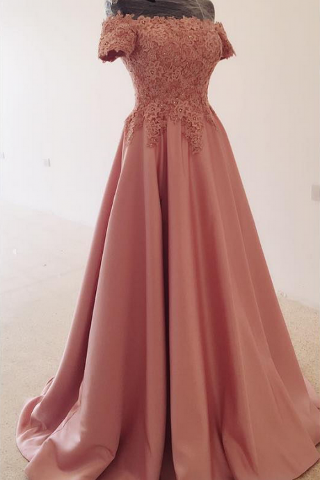 Pink Satin Long Off Shoulder Applique Prom Dresses, Prom Dresses Formal Gowns