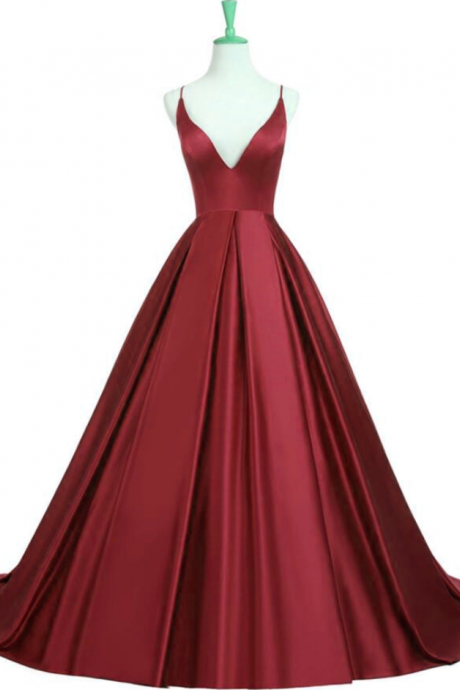 Satin Dark Red Long V-neck Open Back Prom Dress, Charming A Line Prom Party Dress, Cross Back Party Dresses
