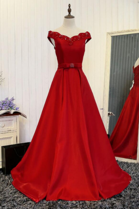 Satin Red Long Prom Dress With Beadings, Red Lace-up Junior Prom Dresses, Prom Dresses