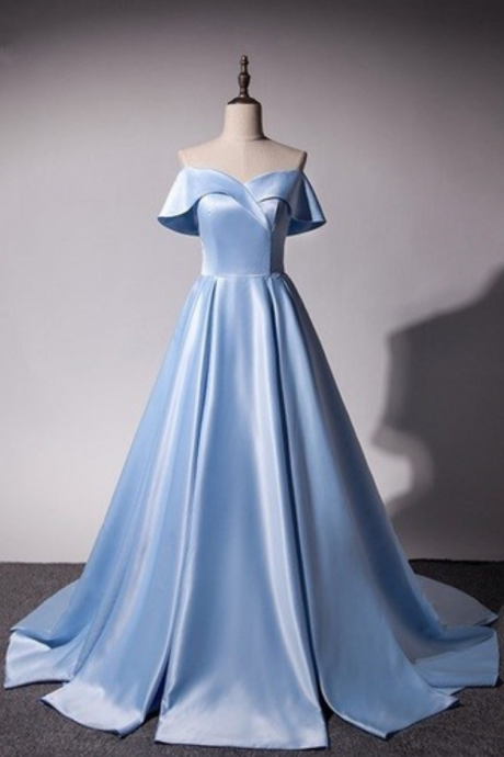 Ice Blue Satin Princess Gowns, Light Blue Prom Dresses Gorgeous Off Shoulder Party Dresses