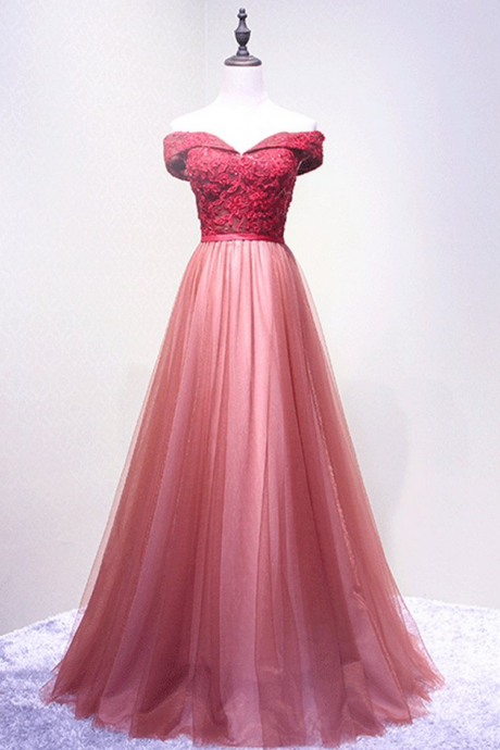 Off Shoulder Cute Style Pink Party Dresses, Pink Party Dresses, Tulle Prom Dresses