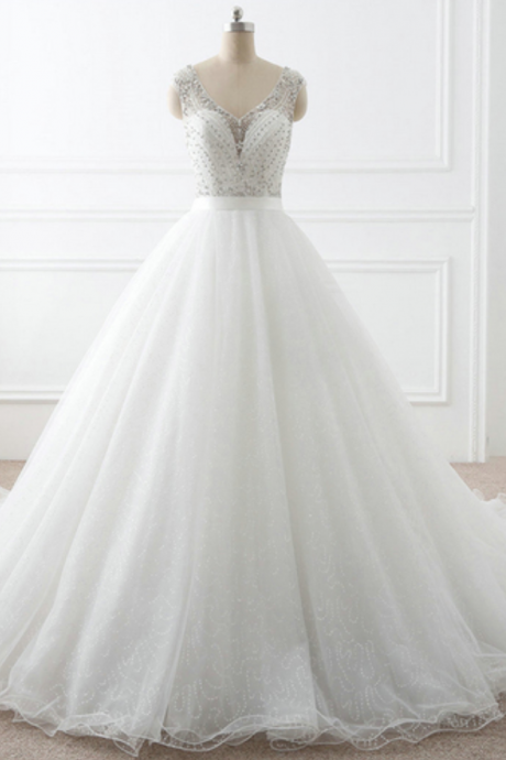 White Tulle V Neck Beaded Long Halter Spring Wedding Dress, Formal Customize Long Evening Dress