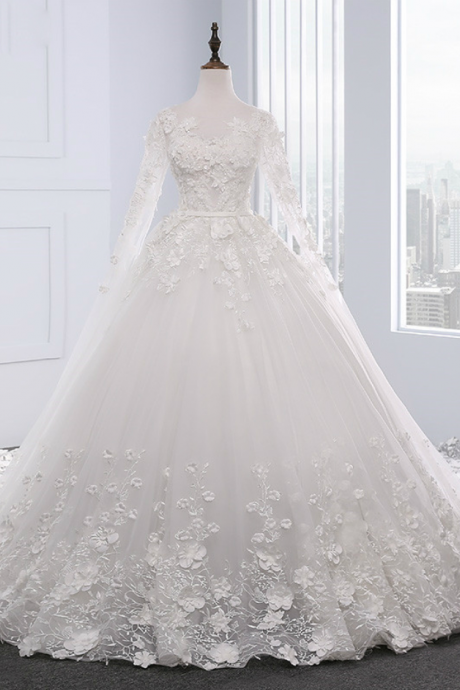Coop White Wedding Dress With Beading Chapel Train Ball Gown Wedding Dresses