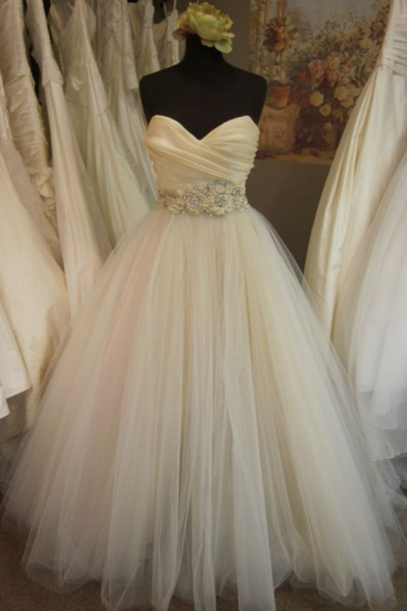 Wedding Dress,a-line/princess Pleated Bodice Blush Wedding Dresses With Embellished Waist