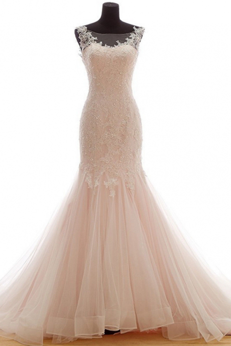 Trumpet Tulle Wedding Dress Embellished With Lace Applique And Beads With Sweetheart Illusion Neckline