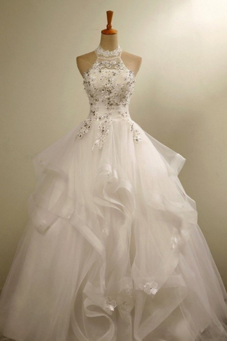 Wedding Dress,ball Gown Wedding Dresses Lace Halter Ivory Crystal Vestido De Novias Tulle Organza Bride Dresses, Custom Made Wedding Gown,formal