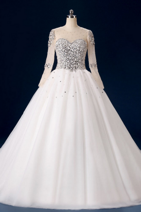 Luxury Crystal Beading Bodice Lace Long Sleeve Ball Gown Wedding Dresses