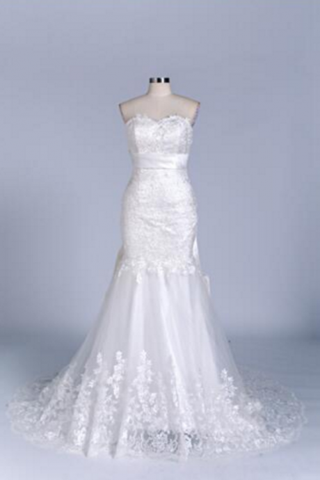 Romantic Lace Ruffles Mermaid Wedding Dresses Bow Court Train Ivory Wedding Gowns