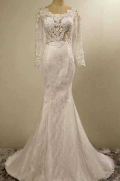 Fashion White Lace Long Sleeves Fishtail Wedding Dress Bridal Sexy Slim Luxury Embroidery Mermaid Wedding Gown