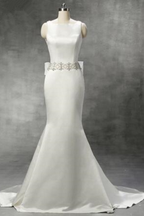 Chic Bateau Neck Sleeveless Mermaid Wedding Dress Double Pearl Straps Low Back Organza Bow Fitted Reception Dress Real Photo
