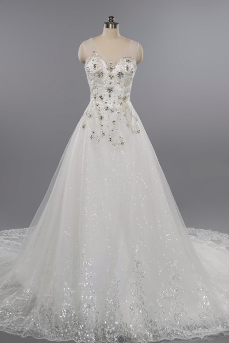 Luxury Dubai Wedding Dresses,a-line Lace Applique Sequined Wedding Dresses,shiny Sparkly Wedding Gown