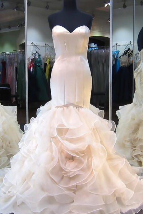 Custom Made White Sweetheart Neckline Satin Ruffle Wedding Dress