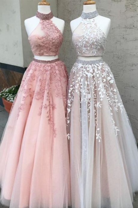 Two Piece Tulle Prom Dress, High Neck Long Party Dress, Charming Applique Evening Dress