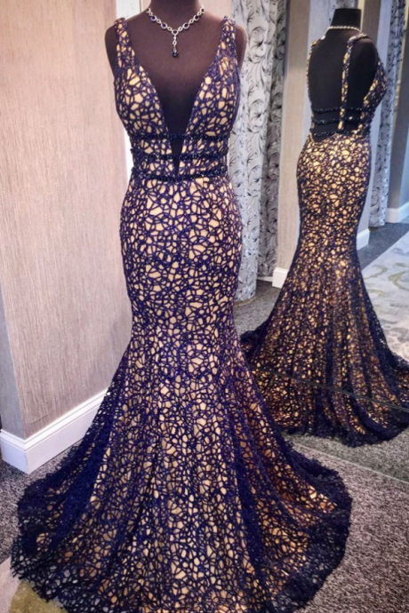 Mermaid Deep V-neck Backless Dark Blue Lace Prom Dress With Beading