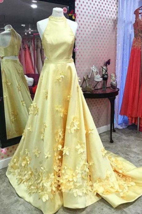 Unique Yellow Satin Long Prom Dress, Yellow Evening Dress