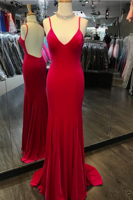 Sexy Backless Prom Dresses, Long Spaghetti Straps Evening Party Dress