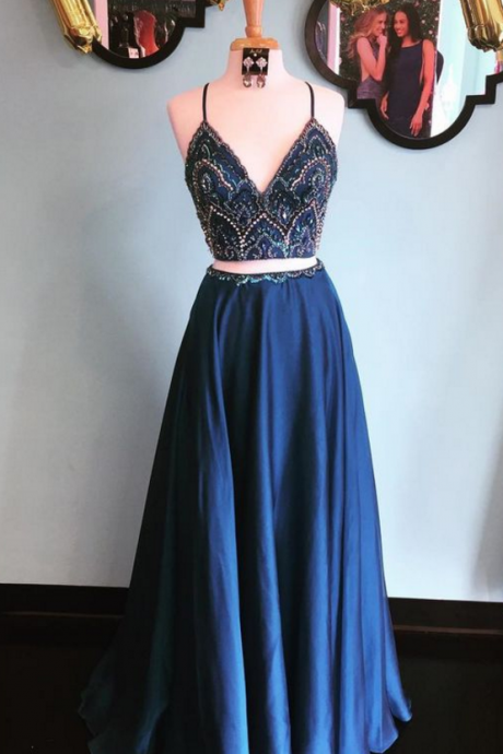 Sparkly Two Piece Sequins Navy Blue Long Prom Dress