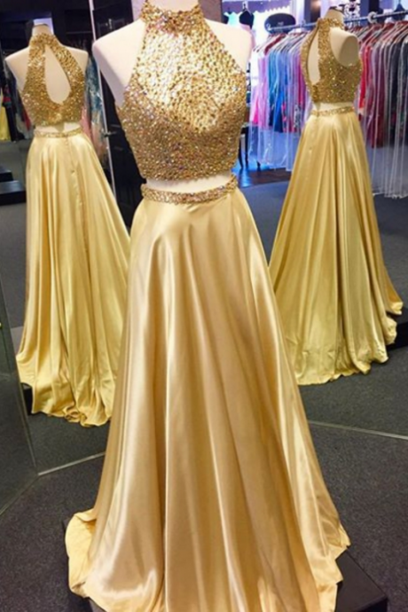 Two Piece Prom Dress, Sparkly Beads Long Prom Dress, Gold Long Prom Dress