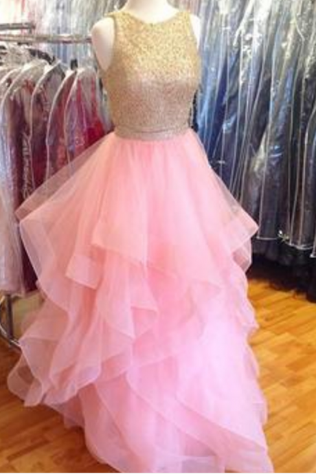 Gold Beaded Top Prom Dress, Ruffles Pink Organza Prom Dress, Two Pieces Long Prom Dress,beaded Long Party Dress