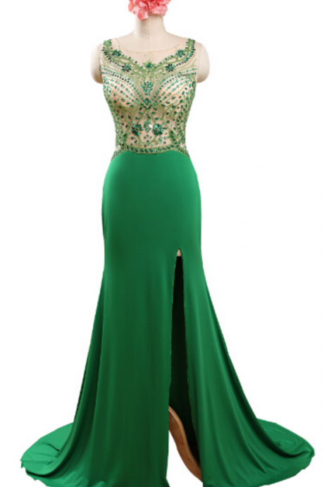Green Beaded Mermaid Evening Dresses Long Elegant Side Split Chiffon Prom Dress Robe De Soiree Formal Gowns