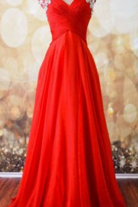 Cap Sleeve Prom Dress, Elegant Prom Dress, Red Prom Dress, Chiffon Prom Dress, Luxury Prom Dress, Long Prom Dress, Sparkly Prom Dress