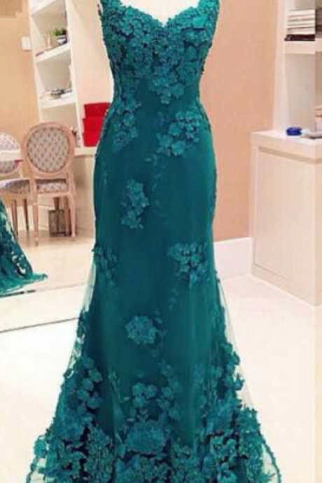 Lace Mermaid Green Evening Dress, Hunter Green Evening Dress, Long Evening Dress, Evening Gowns