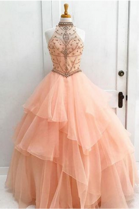 Ball Gown High Neck Floor-length Sleeveless Tulle Prom Dress/evening Dress