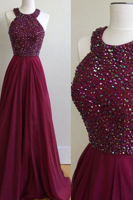 A-line Halter Sweep Train Burgundy Chiffon Prom Dress With Beading,burgundy Chiffon Long Prom Dresses,pageant Senior Prom Gowns,long Party Formal
