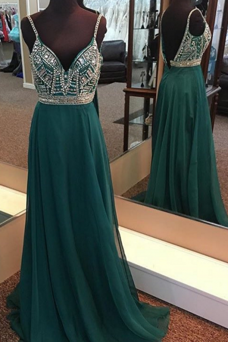 Dark Green Prom Dress, Spaghetti Straps Prom Dress, Beading Long Prom Dress