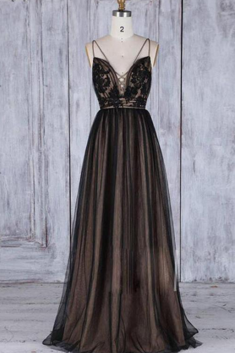 Chic Black Long Straps Tulle A Line Prom Dress,evening Dresses