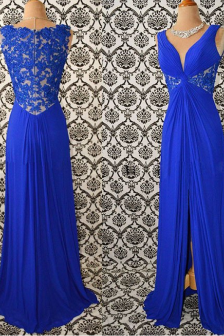 Elegant Prom Dress,royal Blue Lace Chiffon Evening Dress,long Evening Dresses,sexy Prom Dresses