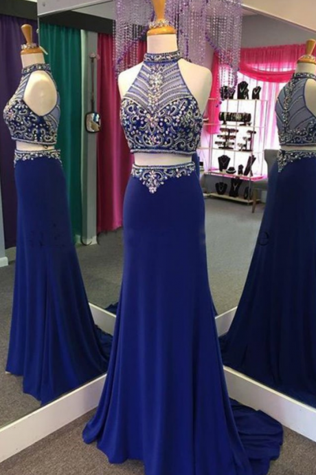 Navy Blue Chiffon Prom Dress Two Pieces Beading Prom Dresses See-through Halter Train Long Dresses
