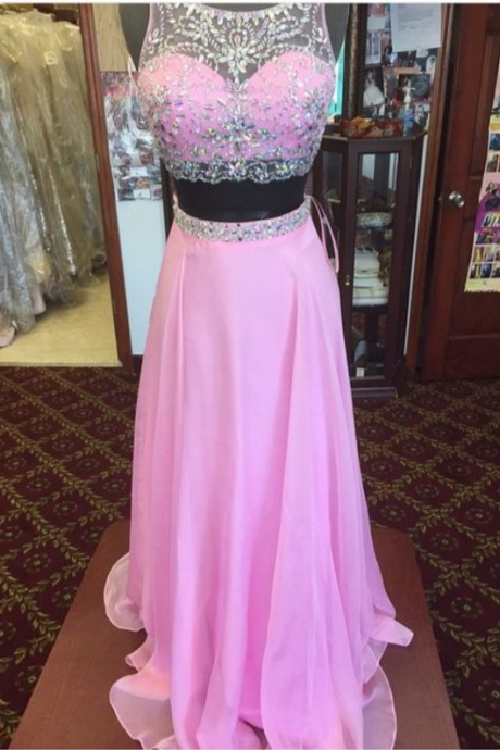 ,beaded Chiffon Prom Dress, A-line Evening Dresses, Two Pieces Prom Dress,pink Chiffon Prom Dresses,two Pieces Party Dresses