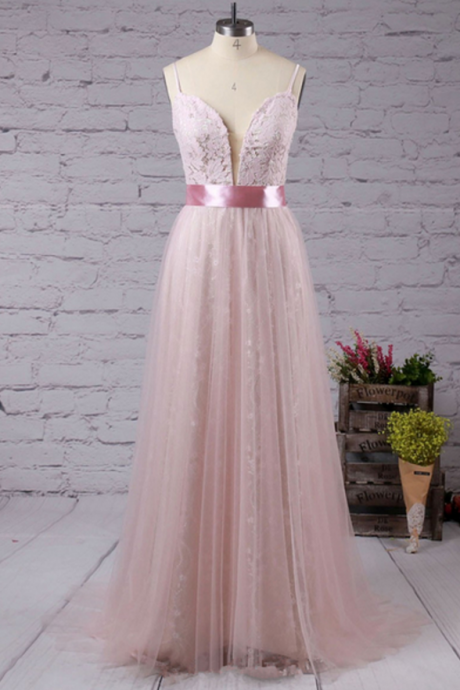Spring Pink V Neckling Long Lace Sweet 16 Prom Dress, Long Pink Sash Evening Dress