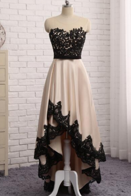 Evening Dress Front Short Back Long Black Lace Champagne Prom Dress