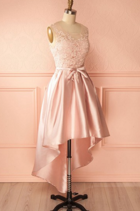 Pink Lace High Low Homcoming Dress, Simple Pink Homcoming Dresses,bowknot Prom Dresses