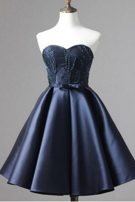 Navy Matte Satin Homecoming Dresses A-line/column Beaded Mini Sweetheart Neckline Laced Up A-line/column
