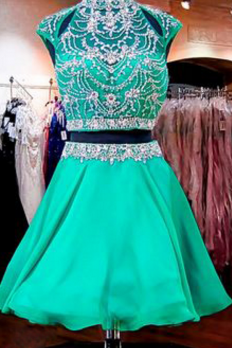 Green High Neck Homecoming Dresses, Two Pieces Rhinestone Homecoming Dresses, Open Back Chiffon Homecoming Dresses, Short Prom Dresses,