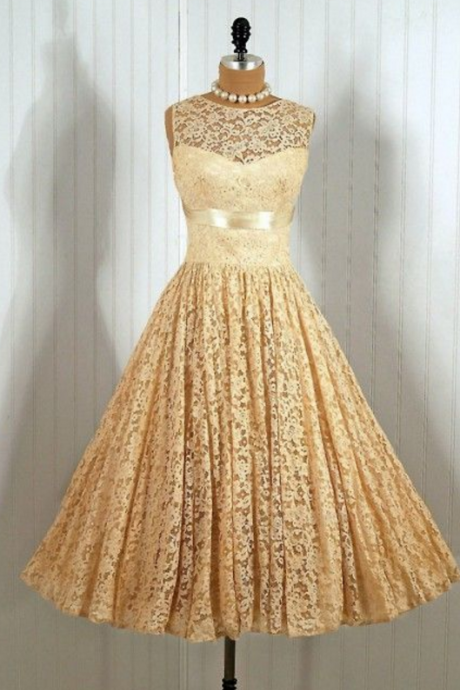 Homecoming Dress, Vintage Ball Gown Homecoming Dresses Crew Neck Yellow Lace Mini Short Cocktail Dress Party Gowns