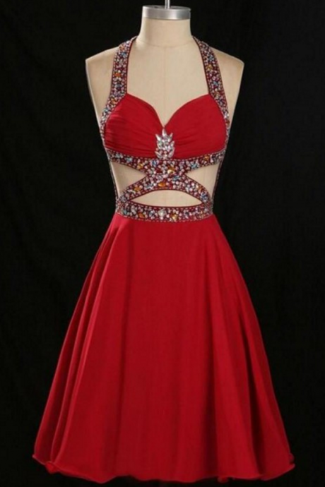 Red Homecoming Dresses, Short Homecoming Dresses, Charming Red Halter Beaded Open Back Chiffon Homecoming Dresses